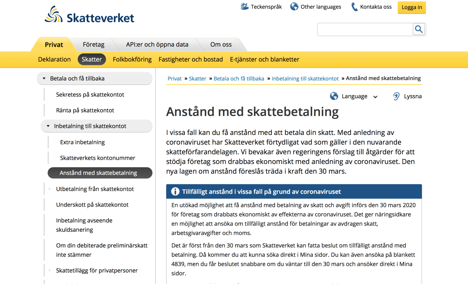 anstånd skattebetalning